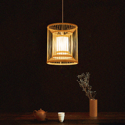 Traditional Chinese Round Vertical Bamboo 1-light Pendant Light for Living Room