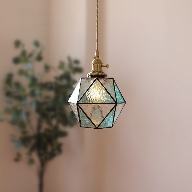 Traditional Vintage Polygonal Brass Stained Glass 1-light Pendant Light for Living Room
