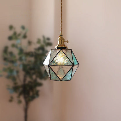 Traditional Vintage Polygonal Brass Stained Glass 1-light Pendant Light for Living Room