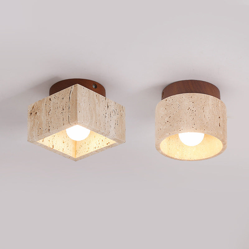 Japanese Wabi-Sabi Yellow Travertine Column Wood 1-Light Semi-Flush Mount Ceiling Light Lumendat