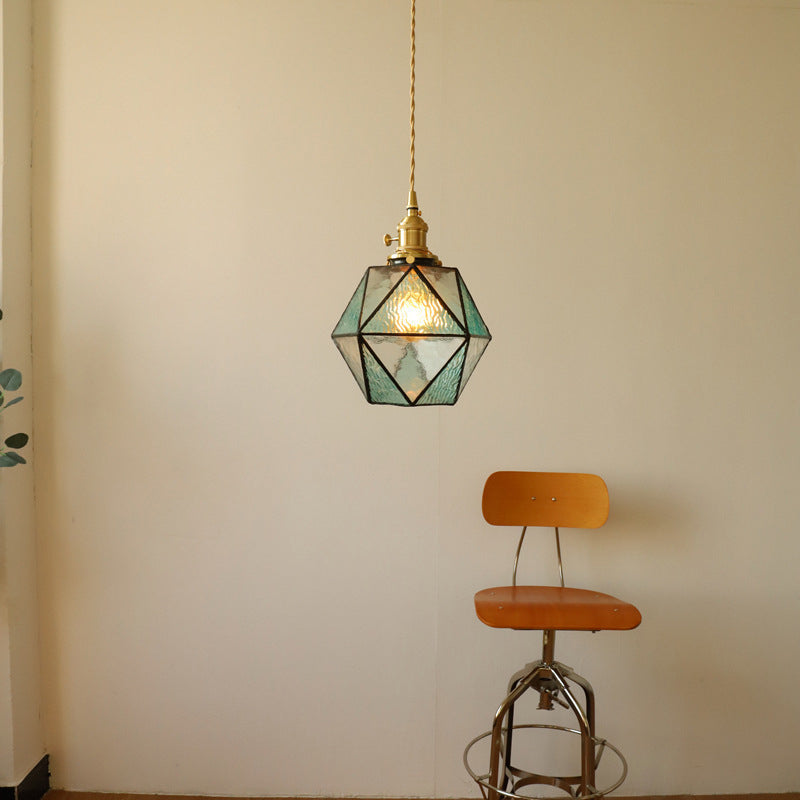 Traditional Vintage Polygonal Brass Stained Glass 1-light Pendant Light for Living Room
