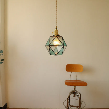 Traditional Vintage Polygonal Brass Stained Glass 1-light Pendant Light for Living Room