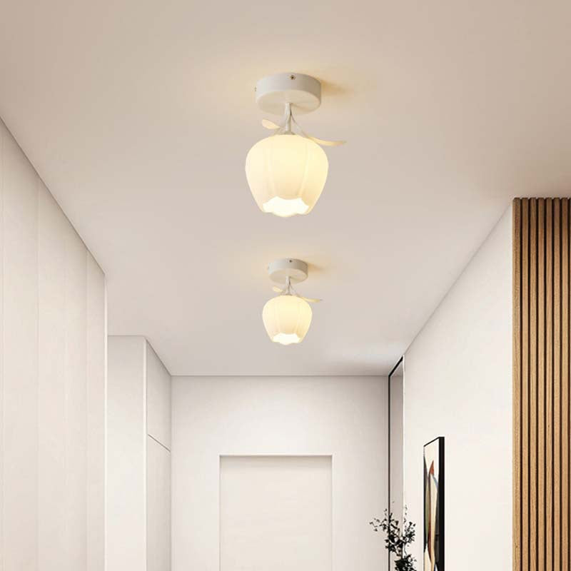 Contemporary Creative Cream Flower Pod Flower Globe Iron Glass 1-light Semi-flush Mount Ceiling Light for Hallway