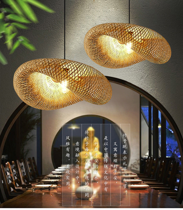 Traditional Japanese Straw Hat Bamboo Weaving Iron 1-light Pendant for Dining Room