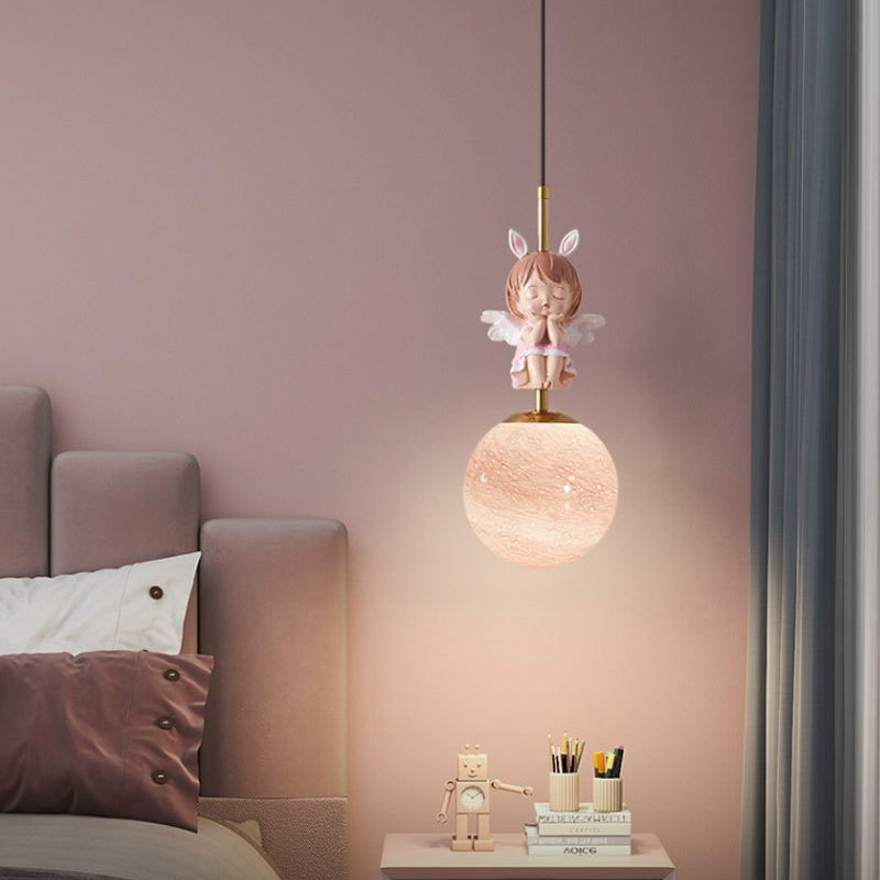 Lumendat Contemporary Nordic Kids Resin Glass Round Angel 1-Light Pendant Light For Bedside Lumendat