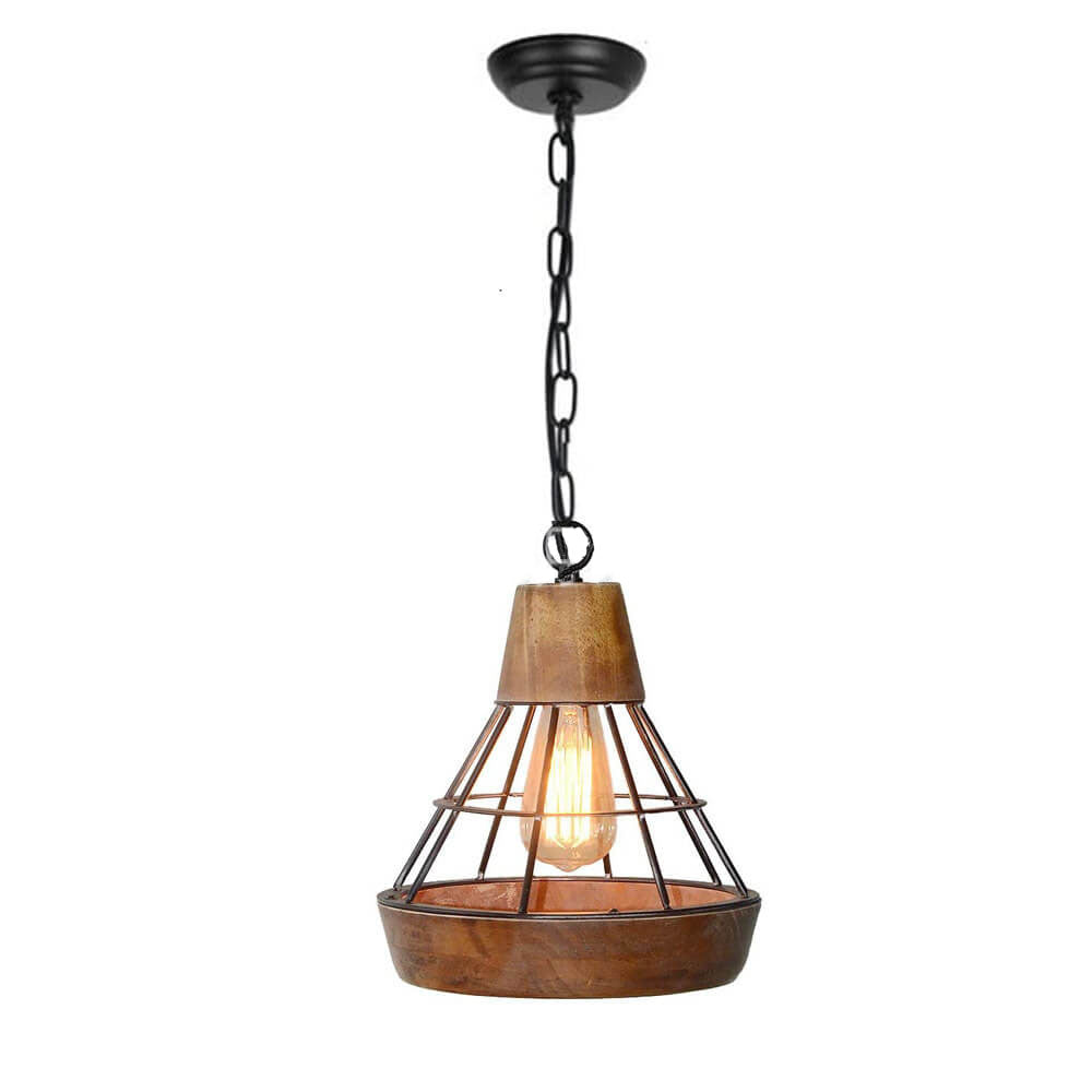 French Industrial Wrought Iron Wood Funnel Frame 1-Light Pendant Light