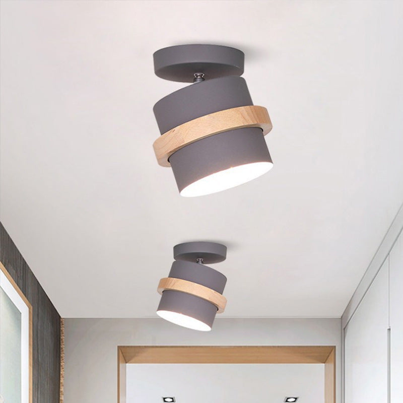 Contemporary Nordic Round Cylinder Iron Solid Wood 1-Light Semi-Flush Mount Ceiling Light For Hallway Lumendat