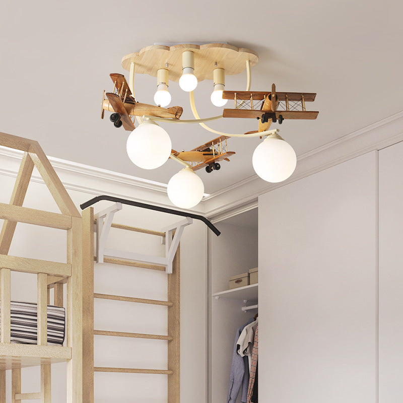 Contemporary Nordic Kids Iron Rubber Wood Glass Plane Cloud Ball 6-light Flush Mount Ceiling Light for Bedroom
