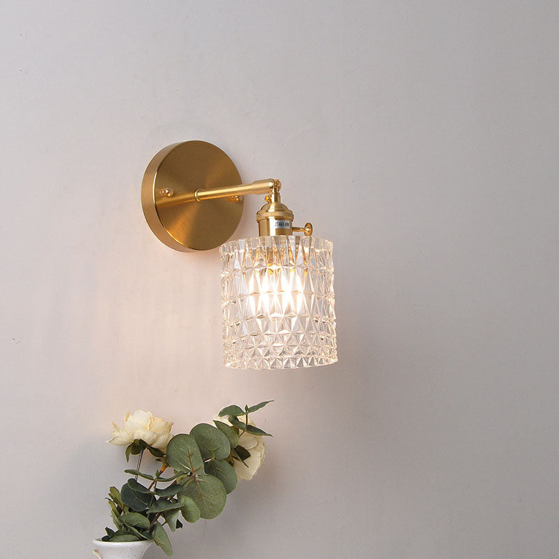 Japanese Vintage Brass Glass Cylinder 1-Light Wall Sconce Lamp Lumendat