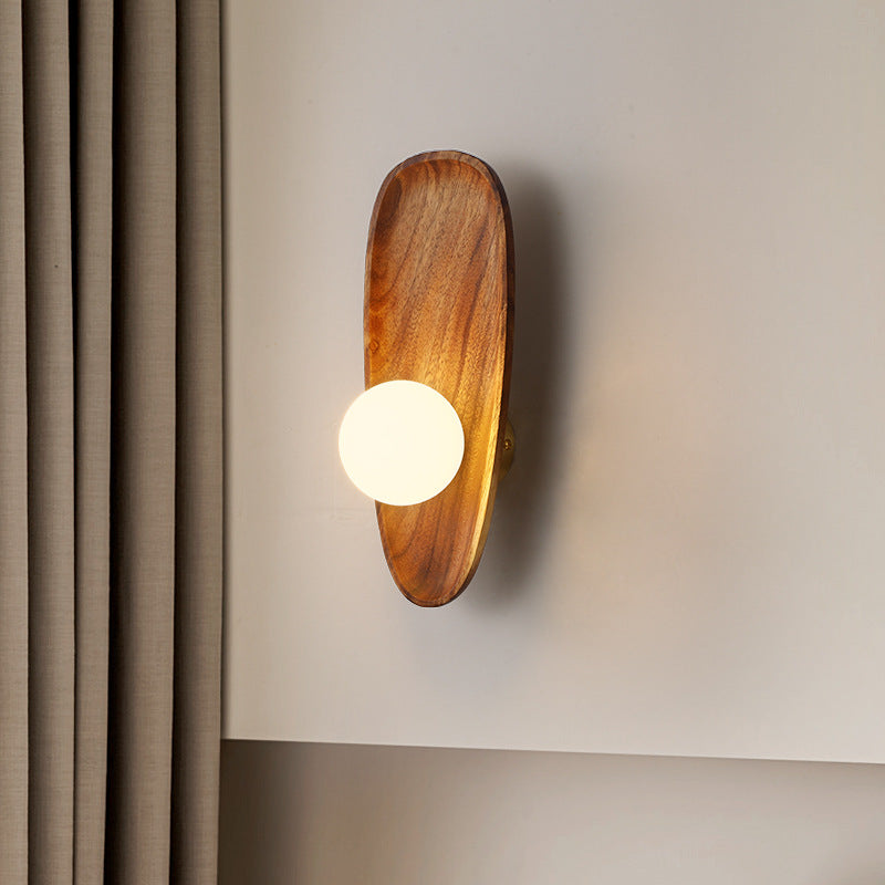 Traditional Japanese Irregular Oval Plate Wood Glass LED Wall Sconce Lamp For Bedroom Lumendat