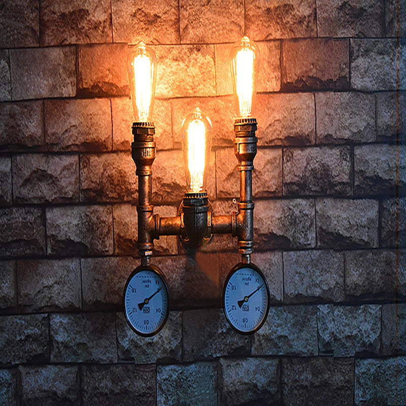 Traditional Vintage Iron Pipe Water Meter 3-Light Wall Sconce Lamp For Living Room Lumendat