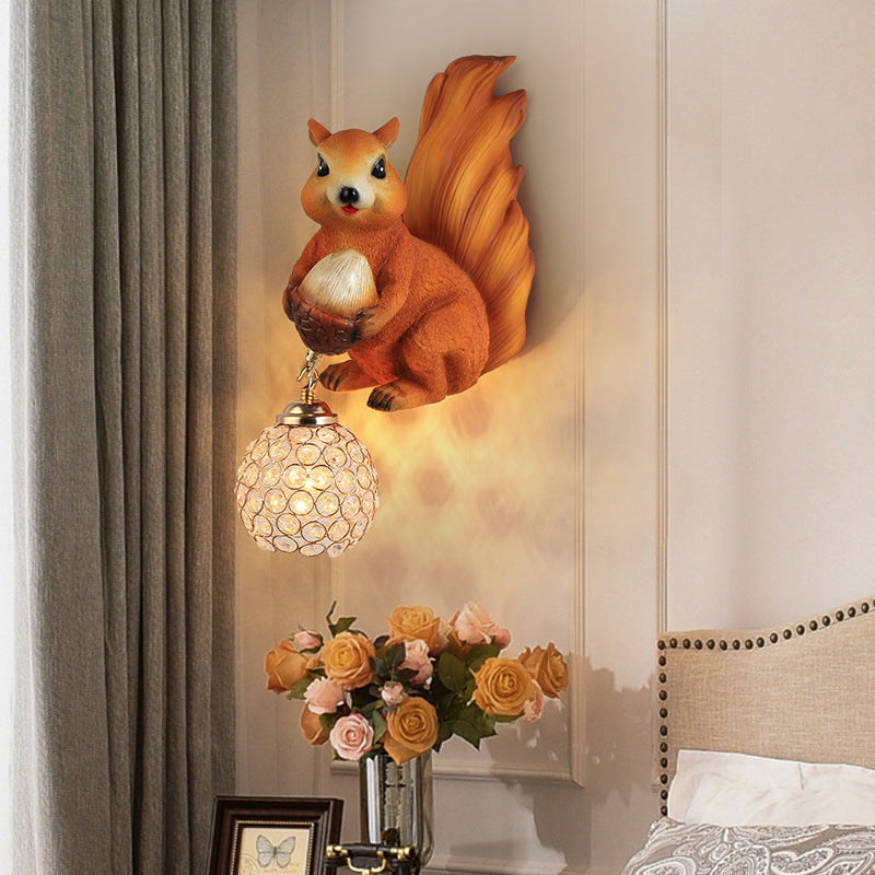 Lumendat Traditional European Kids Squirrel Ball Crystal Resin 1-Light Wall Sconce Lamp For Bedside Lumendat
