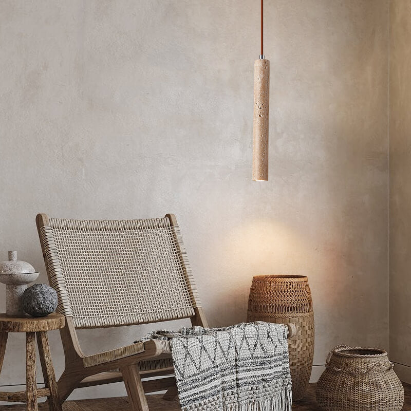 Japanese Wabi Sabi Yellow Travertine Cylinder 1-light Pendant Light BulbSquare