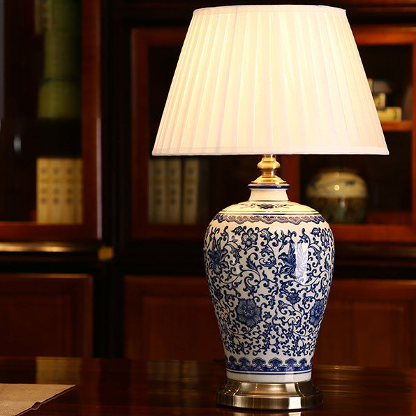 Traditional Chinese Ceramic Fabric Electroplated Antique Brass Finish Vase Cone 1-Light Table Lamp For Home Office Lumendat