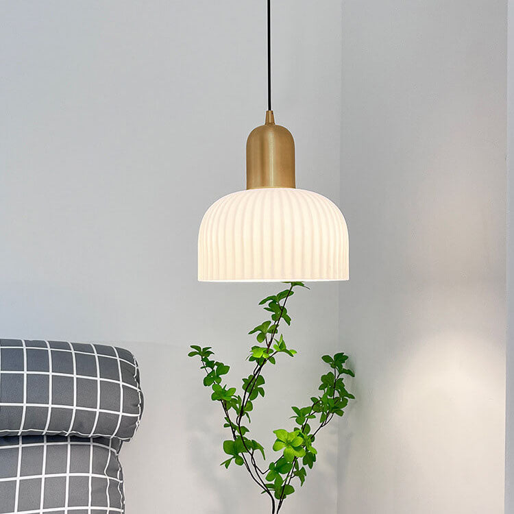 Japanese Wabi-sabi Brass Semi-circle Pleated Glass 1-light Pendant Light