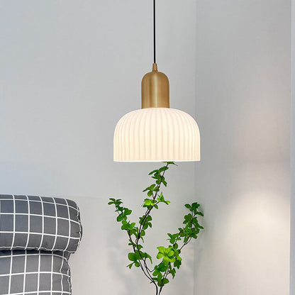 Japanese Wabi-sabi Brass Semi-circle Pleated Glass 1-light Pendant Light