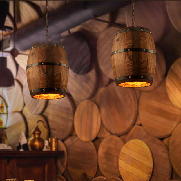 Traditional Rustic Round Wooden Wine Barrel 1-Light Single Barrel Pendant Light For Dining Room