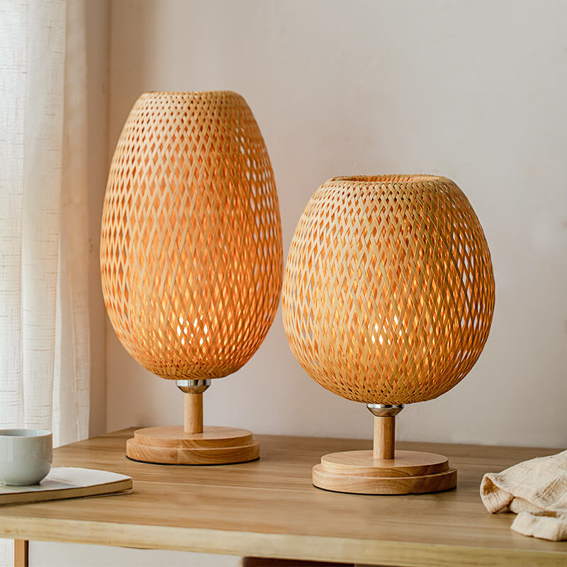 Traditional Chinese Moso Bamboo Wood Iron Weaving Oval Round 1-Light Table Lamp For Bedroom Lumendat
