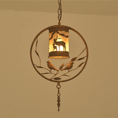 Traditional Vintage Round Trapezoidal Animal Iron 1-Light Pendant Light For Living Room