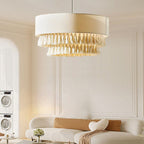 Contemporary Boho Fabric Cylinder Shade Tassel Braided Rope 3-light Chandelier for Living Room BulbSquare