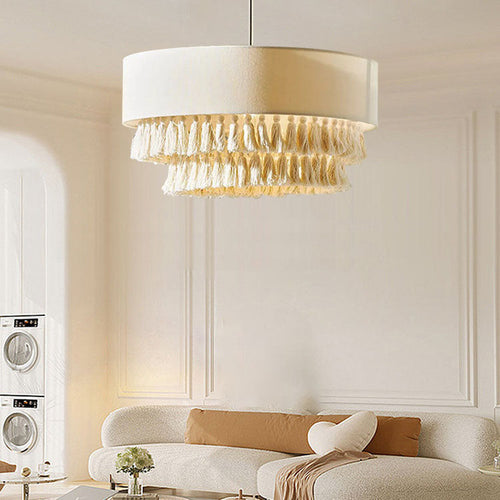 Contemporary Boho Fabric Cylinder Shade Tassel Braided Rope 3-light Chandelier for Living Room