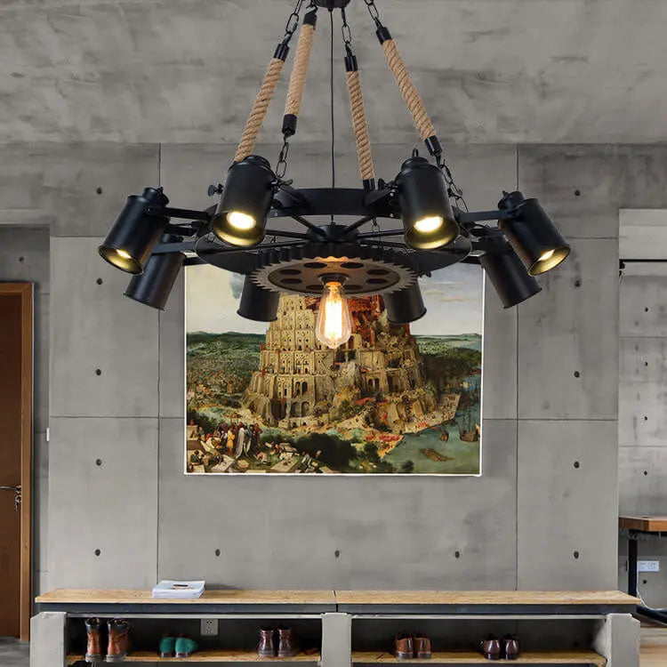 Industrial Retro Gear Wrought Ion Hemp Rope 6/8/10-light Chandelier modern luxury lighting fixture