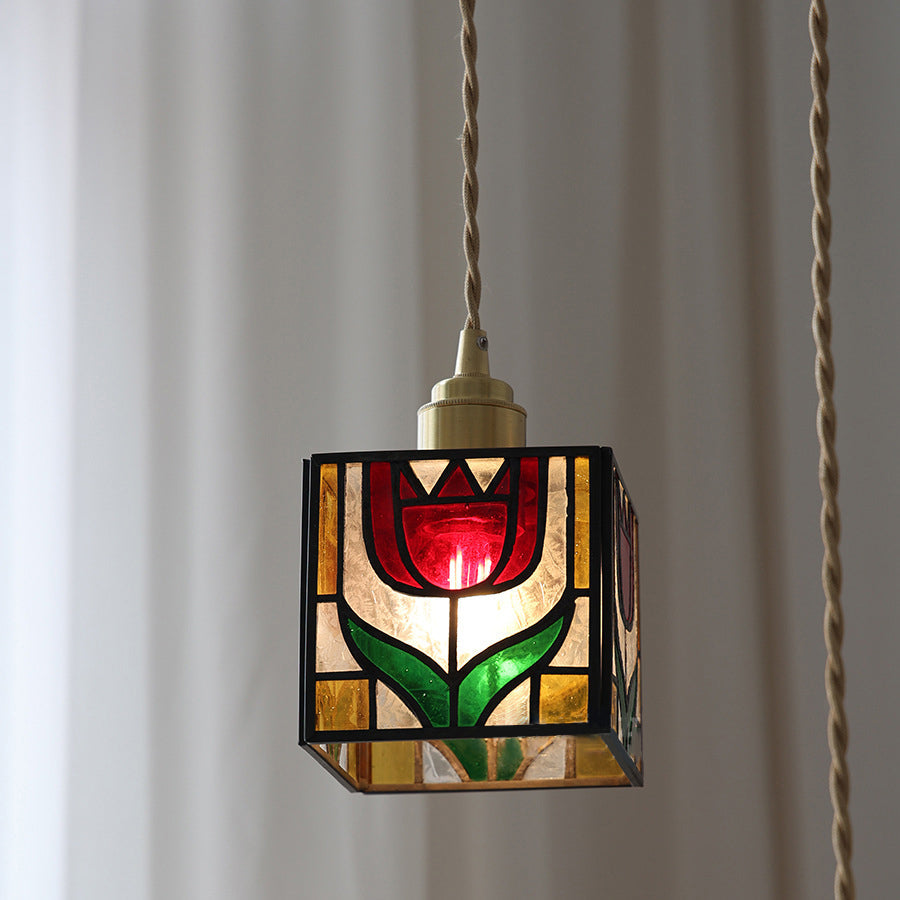 Traditional Tiffany Square Tulip Red Rose Rubik's Cube Brass Stained Glass 1-light Pendant Light for Living Room