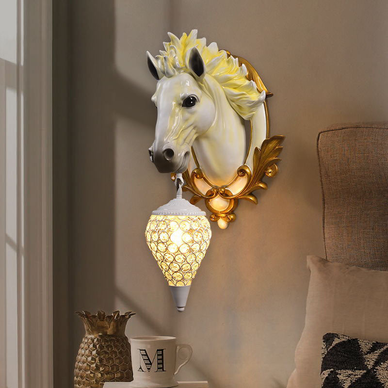 Modern Eclectic Resin Horse Head Decor Crystal Round Shade 1-Light Wall Sconce Lamp For Living Room Lumendat