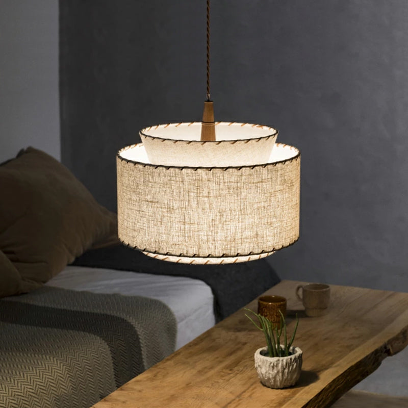 Contemporary Boho Double Cylinder Fabric Shade 1-light Pendant Light for Living Room