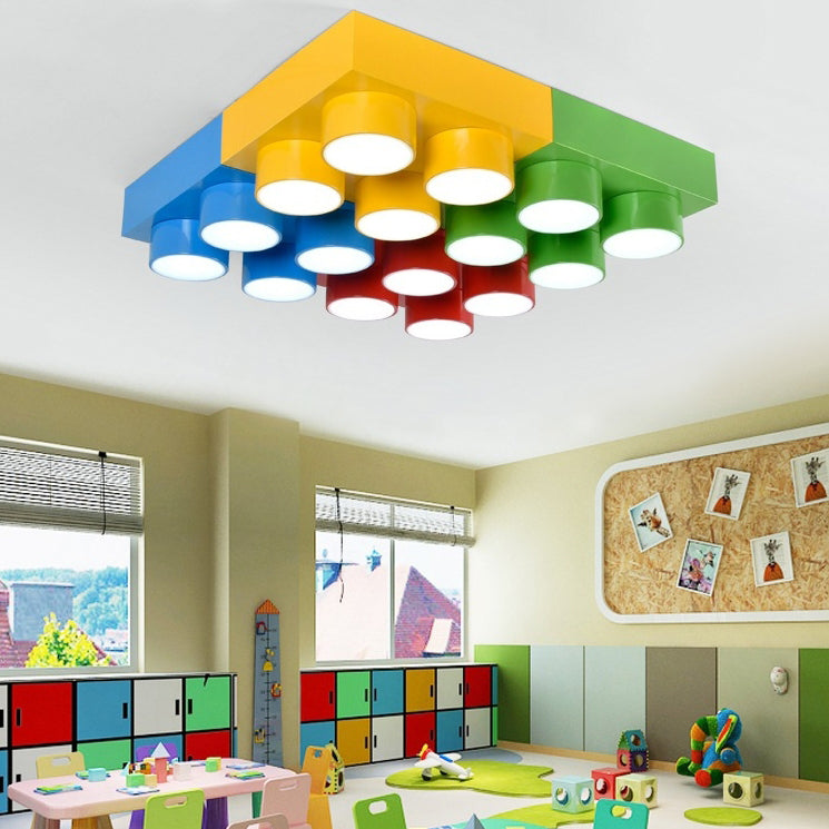 Contemporary Creative Building Block Square Iron LED Flush Mount Ceiling Light for Bedroom