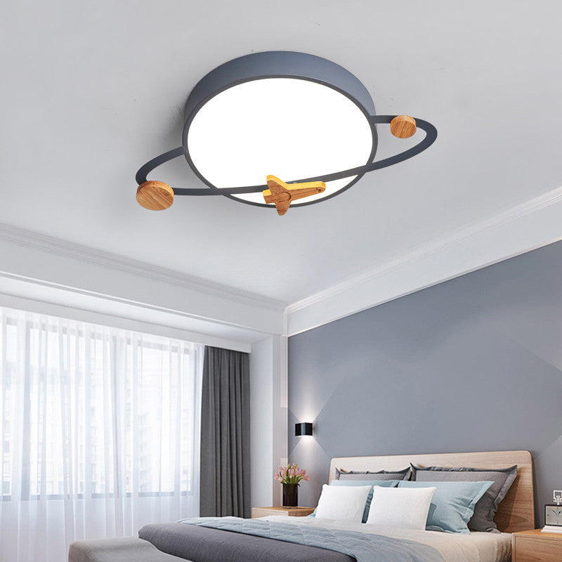 Lumendat Contemporary Scandinavian Iron Acrylic Wood Round Planet Design LED Kids Flush Mount Ceiling Light For Bedroom Lumendat