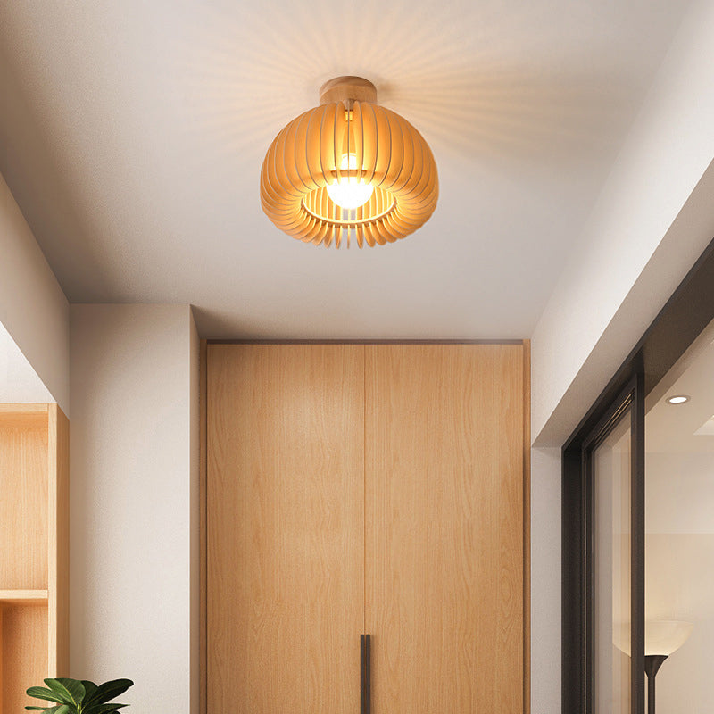 Traditional Japanese Iron Wood Round Grille 1-Light Semi-Flush Mount Ceiling Light For Hallway