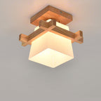 Traditional Japanese Wood Frame Glass Column 1-light Semi-flush Mount Ceiling Light for Living Room