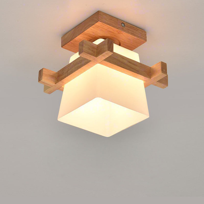 Traditional Japanese Wood Frame Glass Column 1-light Semi-flush Mount Ceiling Light for Living Room