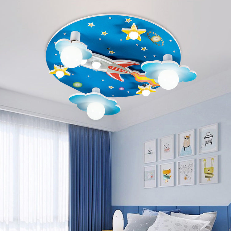 Lumendat Modern Art Deco Kids Wood Plastic Round Rocket Starry Sky LED Flush Mount Ceiling Light For Bedroom Lumendat