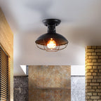 Contemporary Industrial Round Wire Mesh Iron 1-Light Semi-Flush Mount Ceiling Light For Living Room