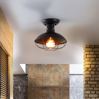 Contemporary Industrial Round Wire Mesh Iron 1-Light Semi-Flush Mount Ceiling Light For Living Room