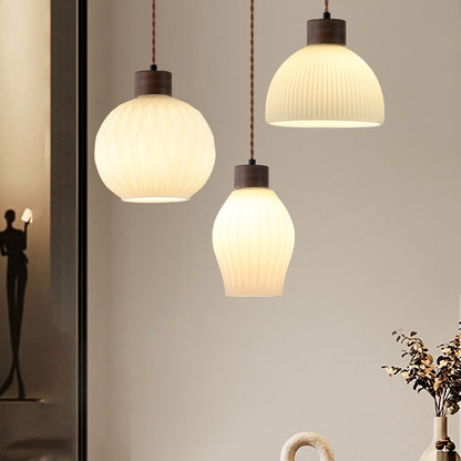 Traditional Japanese Walnut Glass Ball Round Bottle Ribbed 1-light Pendant Light for Dining Room