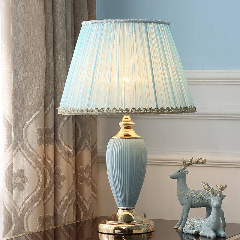 Traditional European Pleated Fabric Shade Ceramic Column Base 1-Light Table Lamp For Study Lumendat