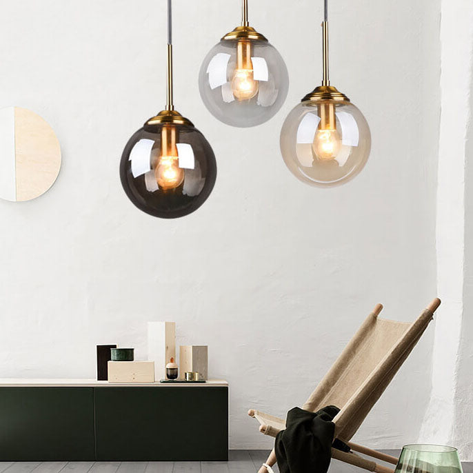 Contemporary Nordic Copper Spherical Glass Shade 1/3/5-light Island Light Chandelier for Dining Room