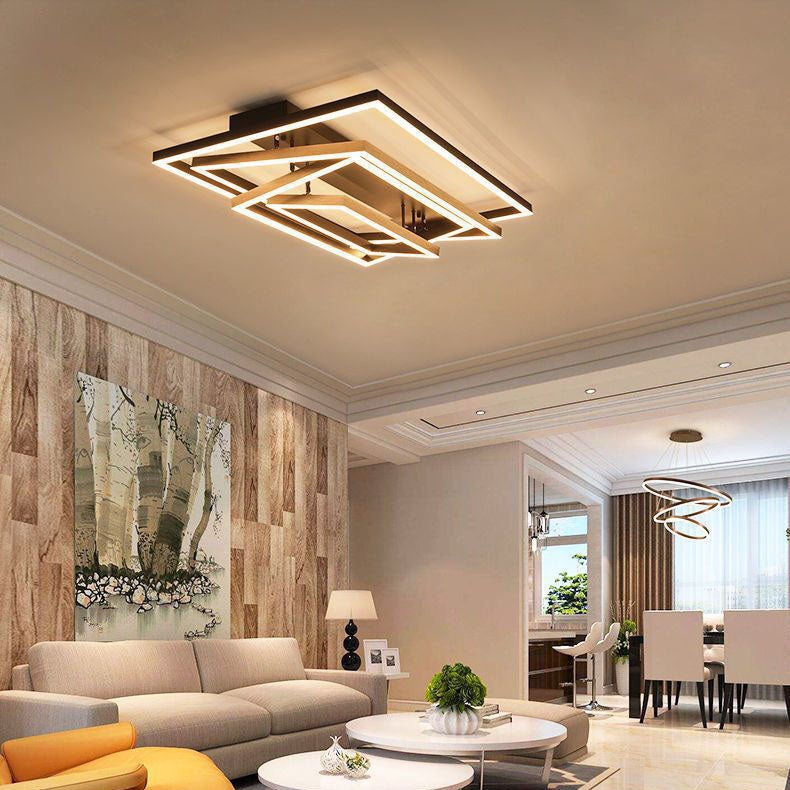 Modern Minimalist Aluminum Finish Multi-layer Rectangular Frame LED Flush Mount Ceiling Light for Living Room