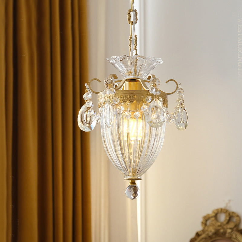 Traditional French Lantern Carved Copper Crystal 1-light Pendant Light for Living Room