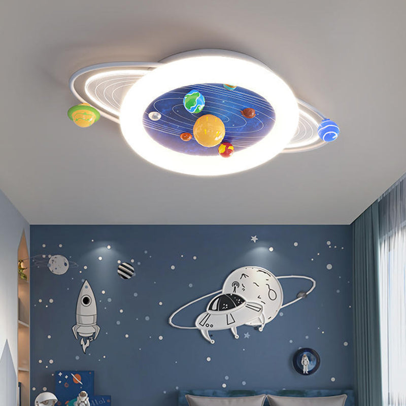 Modern Minimalist Children Round Planet Iron Resin Acrylic LED Flush Mount Ceiling Light for Bedroom