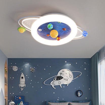 Modern Minimalist Children Round Planet Iron Resin Acrylic LED Flush Mount Ceiling Light for Bedroom