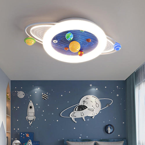 Modern Minimalist Children Round Planet Iron Resin Acrylic LED Flush Mount Ceiling Light for Bedroom