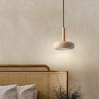 Traditional Japanese Round Wood Yellow Travertine LED Pendant Light for Bedroom Lumendat