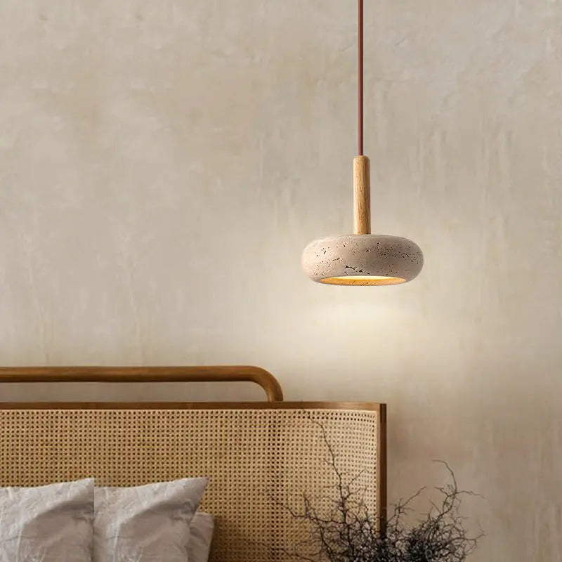 Traditional Japanese Round Wood Yellow Travertine LED Pendant Light for Bedroom Lumendat