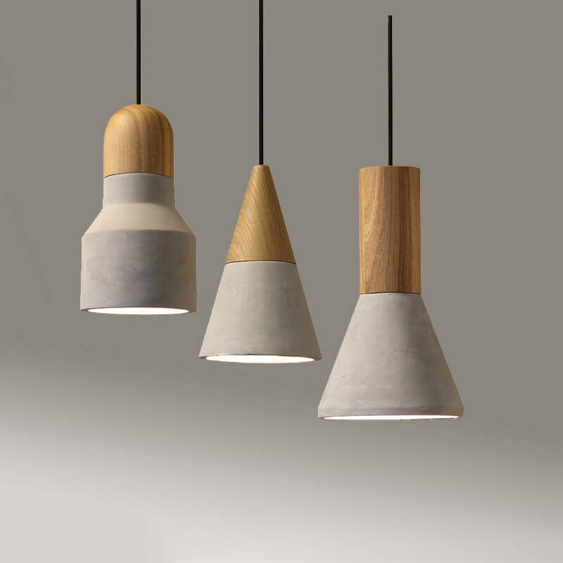 Contemporary Industrial Round Cone Triangle Cement Rubber Wood 1-light Pendant Light for Living Room BulbSquare