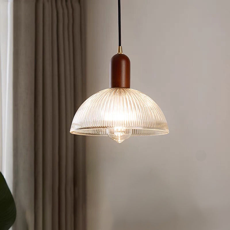 Traditional Vintage Round Bowl Solid Wood Dome Glass 1-light Pendant Light for Living Room