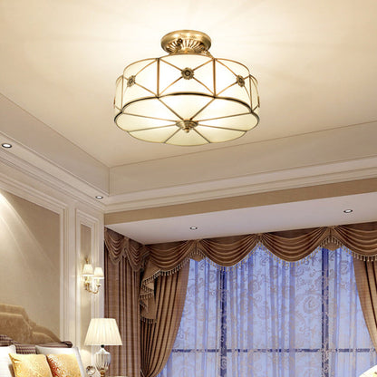 Traditional European Brass Glass Round Hand Carved 4/6 Light Semi-flush Mount Ceiling Light for Hallway